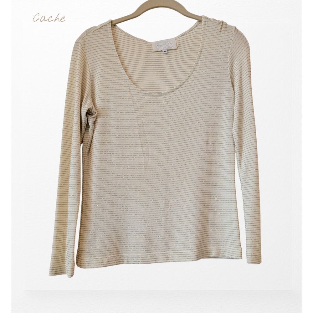Cache cream with gold glitter striped long sleeve top   Sz M
